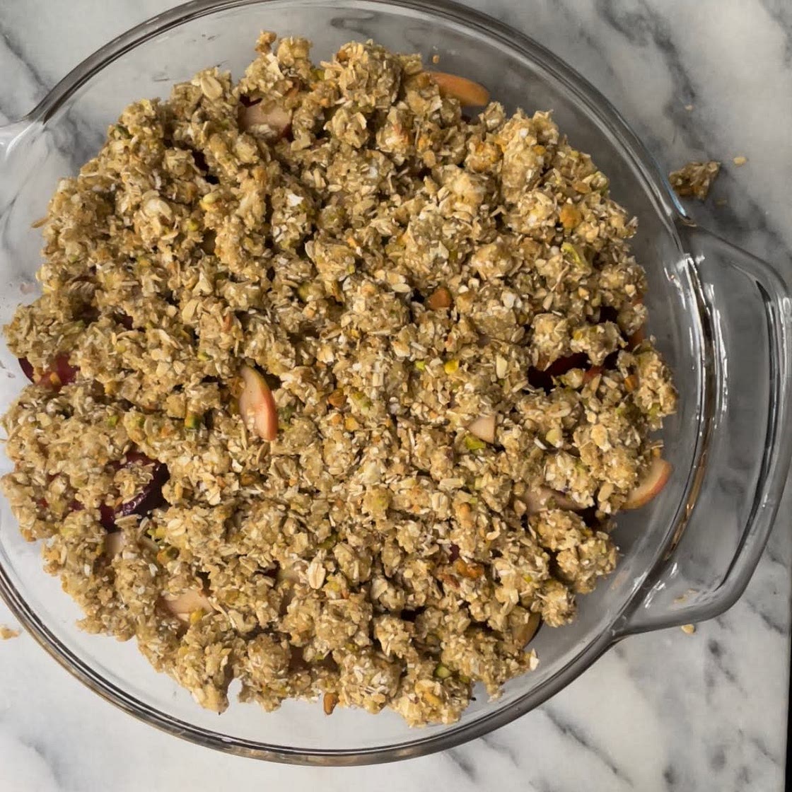 [Gluten-Free, Dairy-Free] Apple Plum Pistachio Crumble — Bottomless Chef