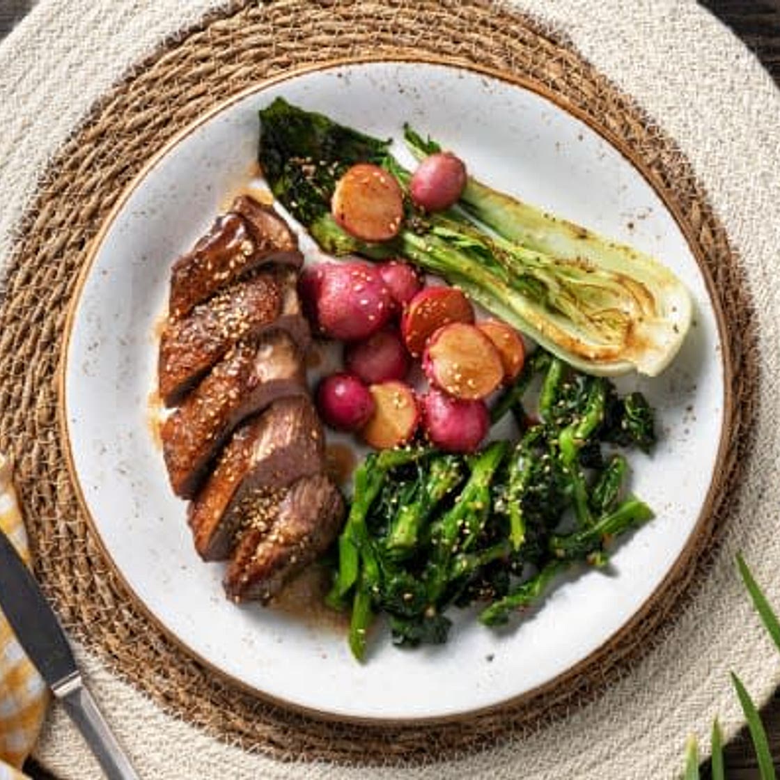 Miso Butter Duck Breast
with Roasted Bok Choy and Radishes