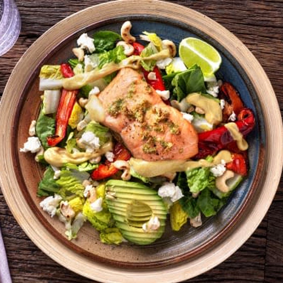 Lime Salmon Salad
With Avocado, Charred Pepper and Cashew Nuts