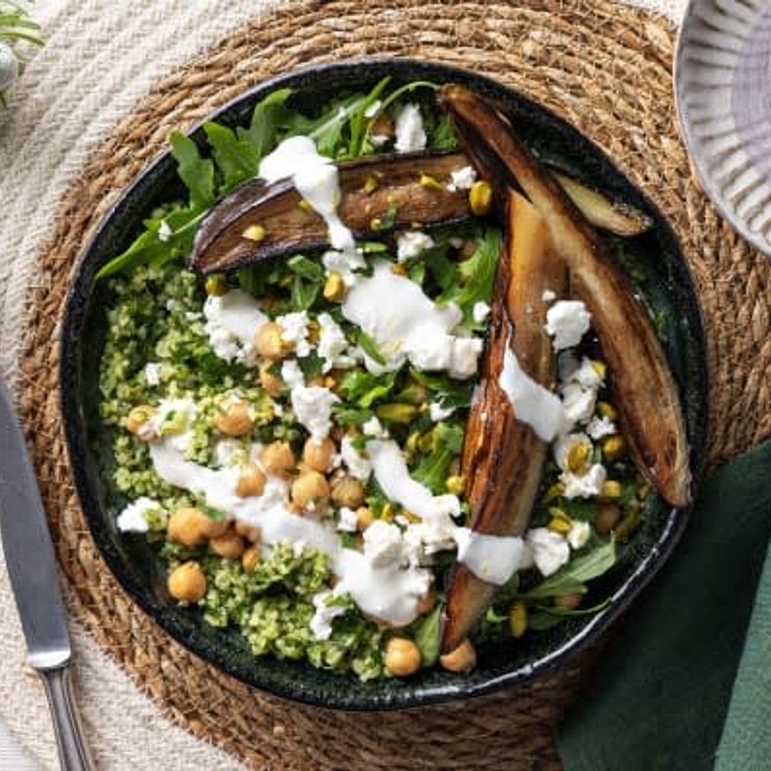 Ras-El-Hanout Aubergine and Crispy Chickpeas