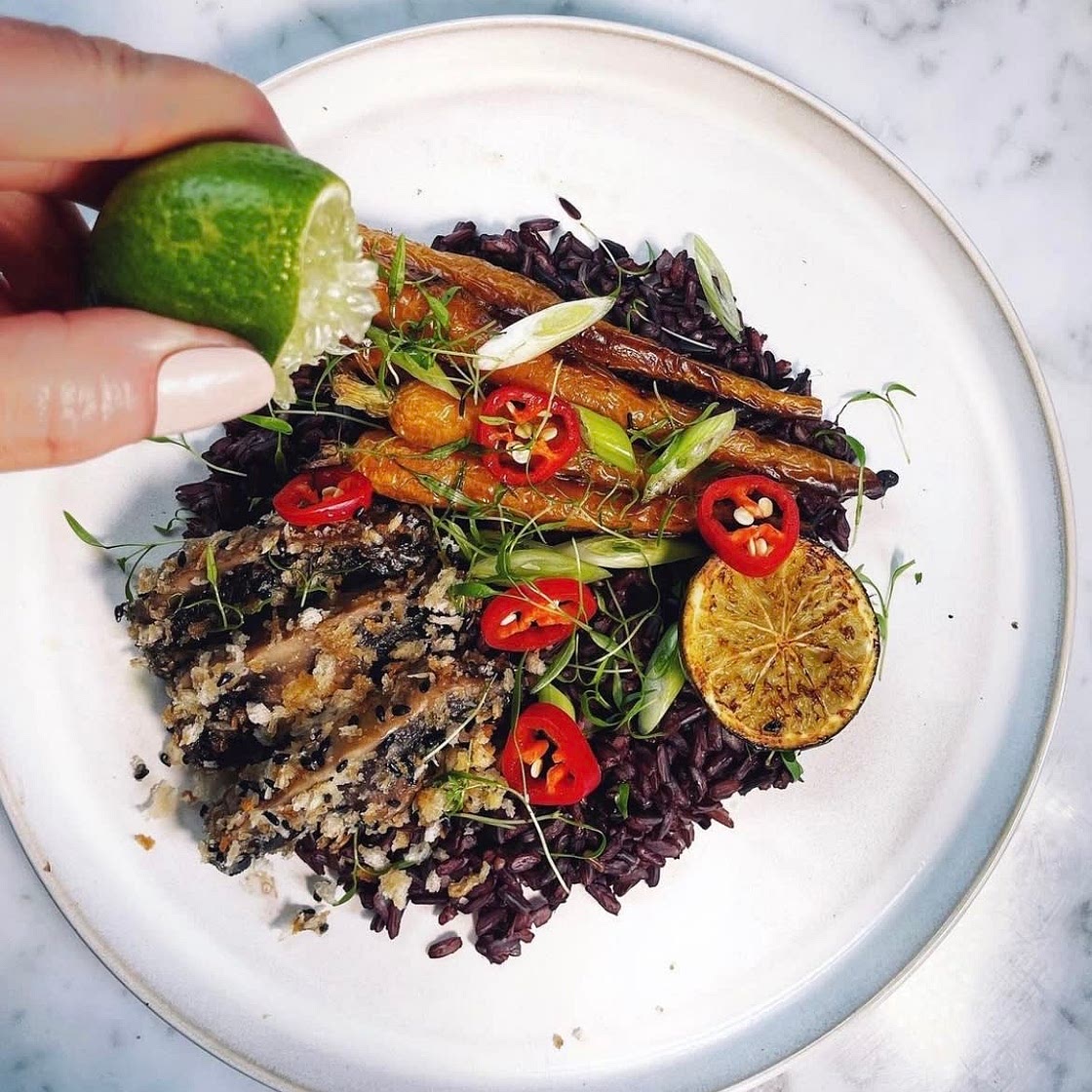 Black Thai Rice, Miso Mushrooms, Roasted Carrots & Chillis
