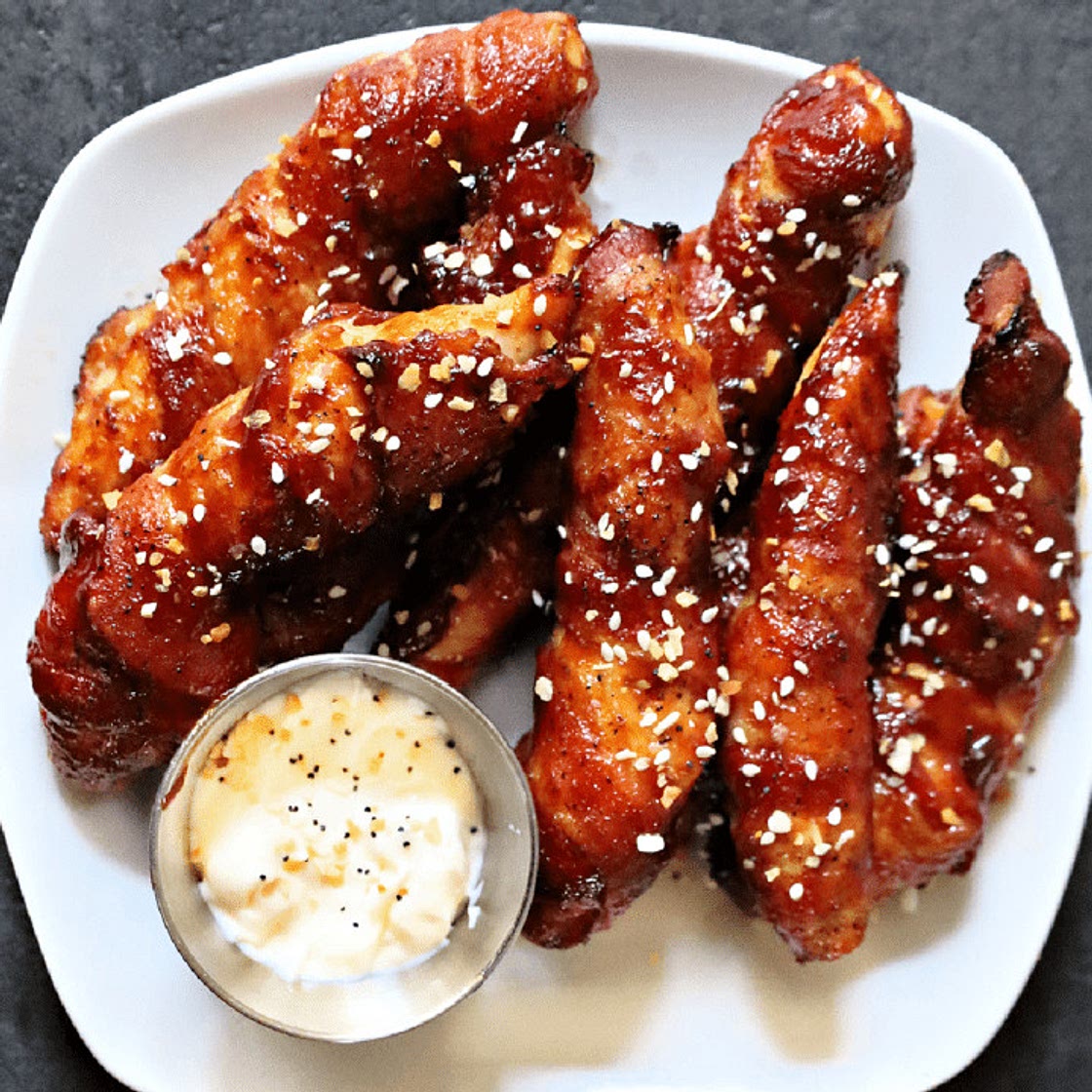 Sticky BBQ Bacon Wrapped Chicken Tenders