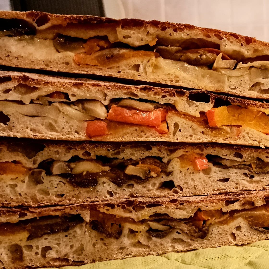Autumnal focaccia with pumpkin, mushrooms and aubergines