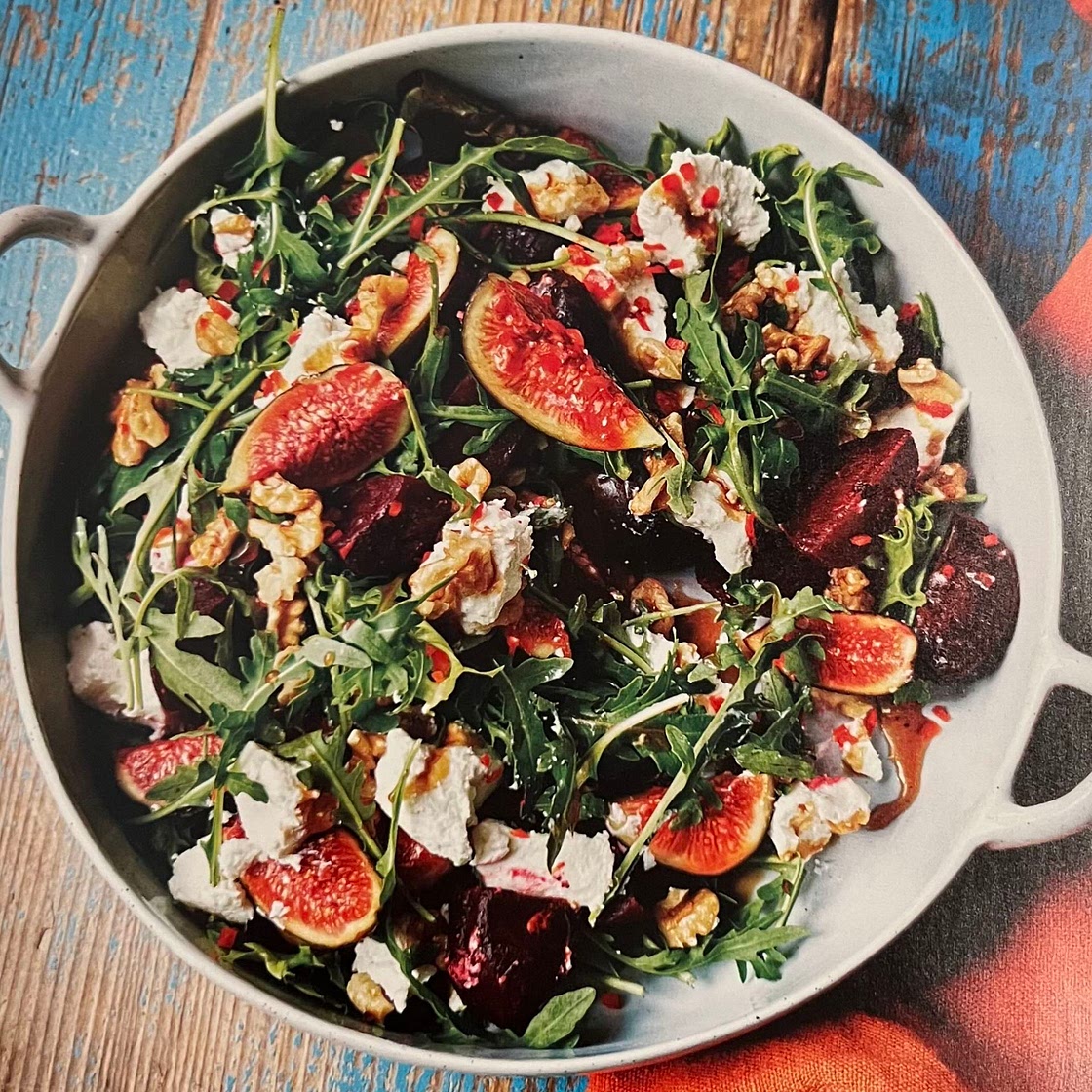 Fig, beetroot, goats' cheese, chilli & walnut salad