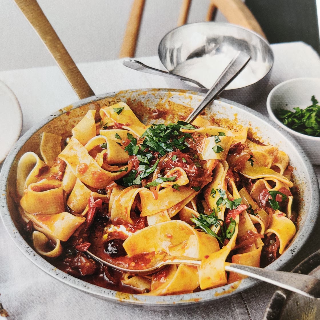 Pappardelle with rose harissa, black olives and capers