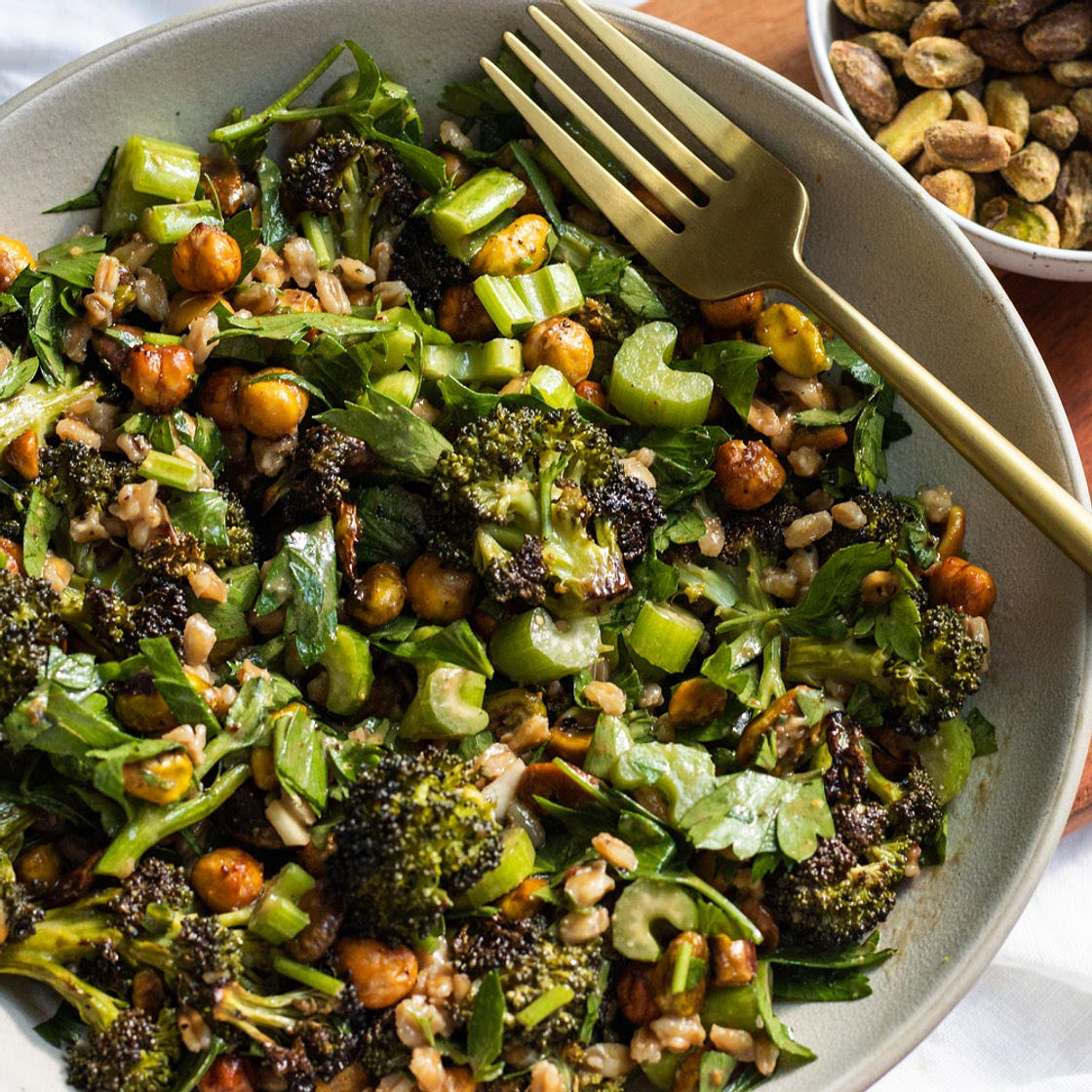 vegan warm broccoli crunch salad with balsamic tahini dressing