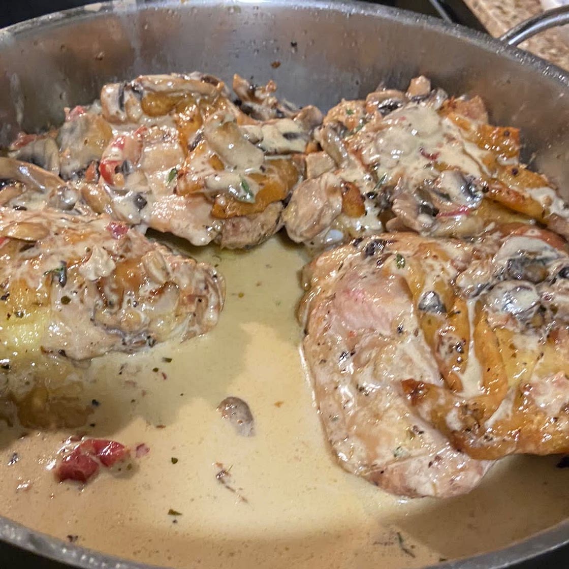 Chicken Thighs with Creamy Bacon Mushroom Thyme Sauce