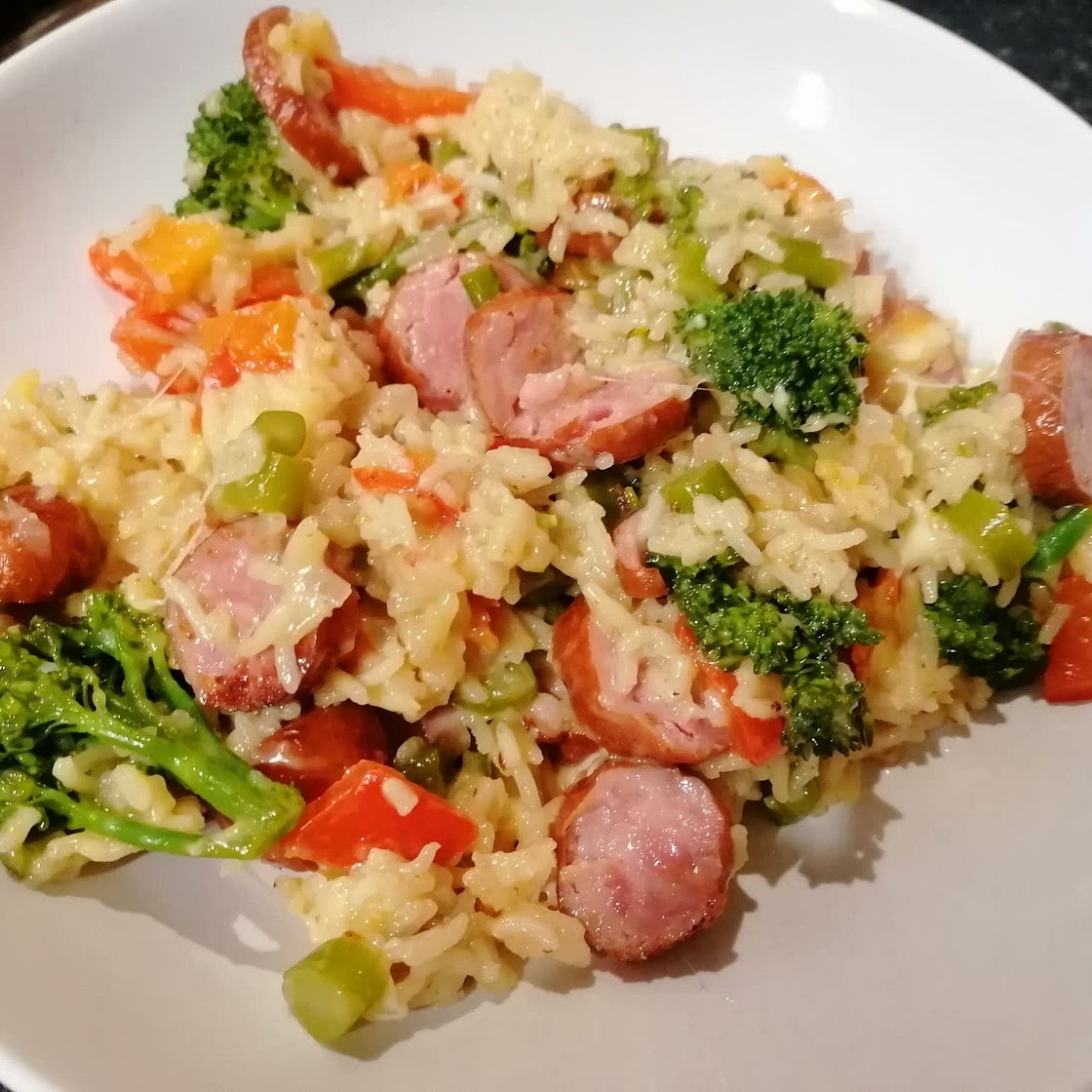 Cheesy Kielbasa, Rice and Broccoli Skillet