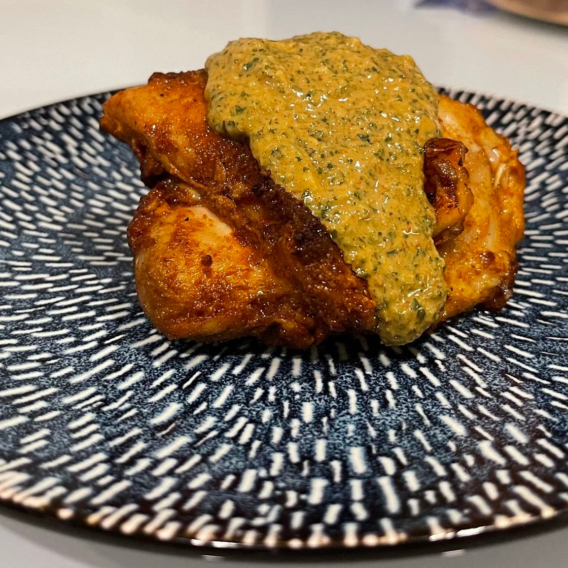 Crispy Chicken Thighs with Spicy Cilantro Sauce