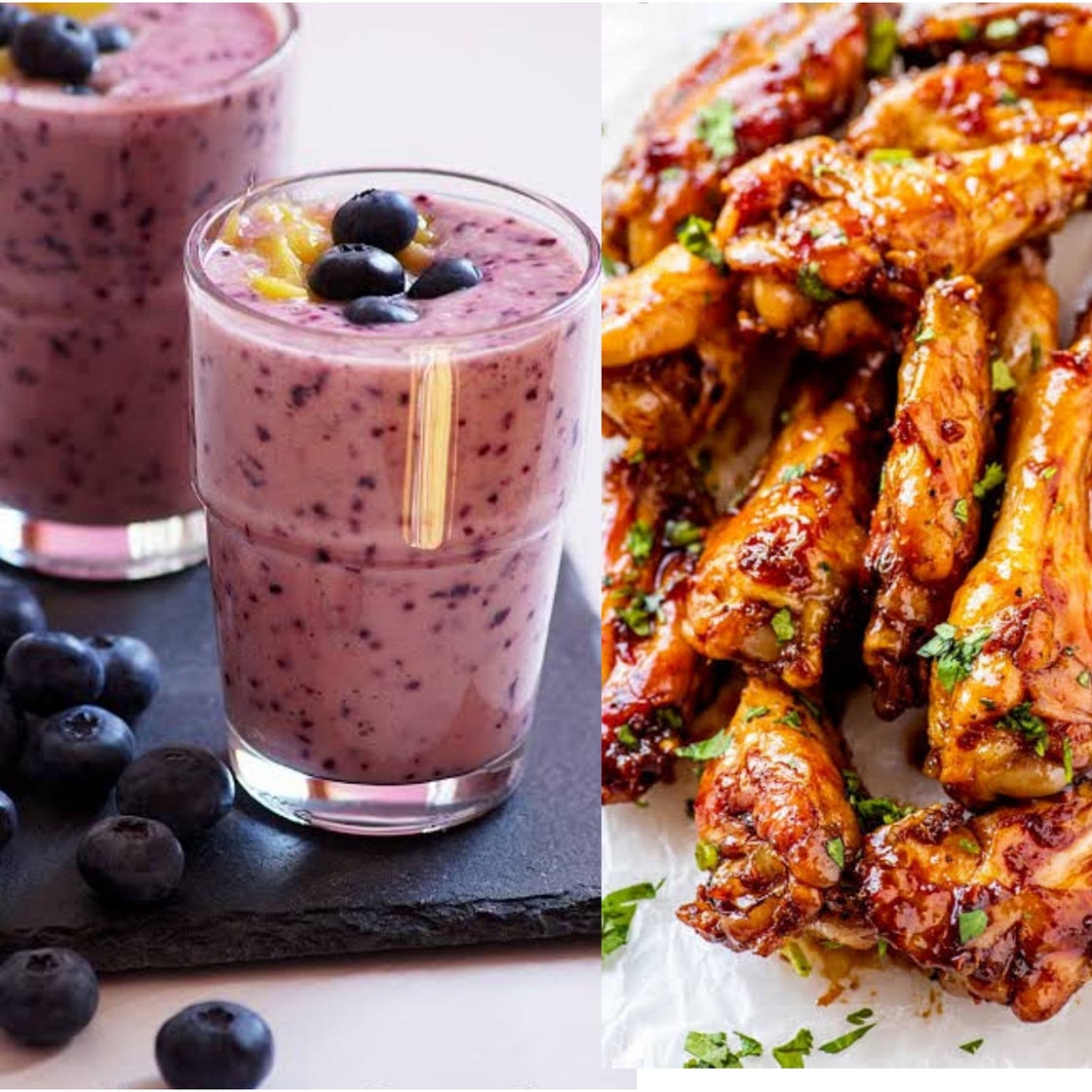 Blueberry Smoothies with Peppered Drumsticks