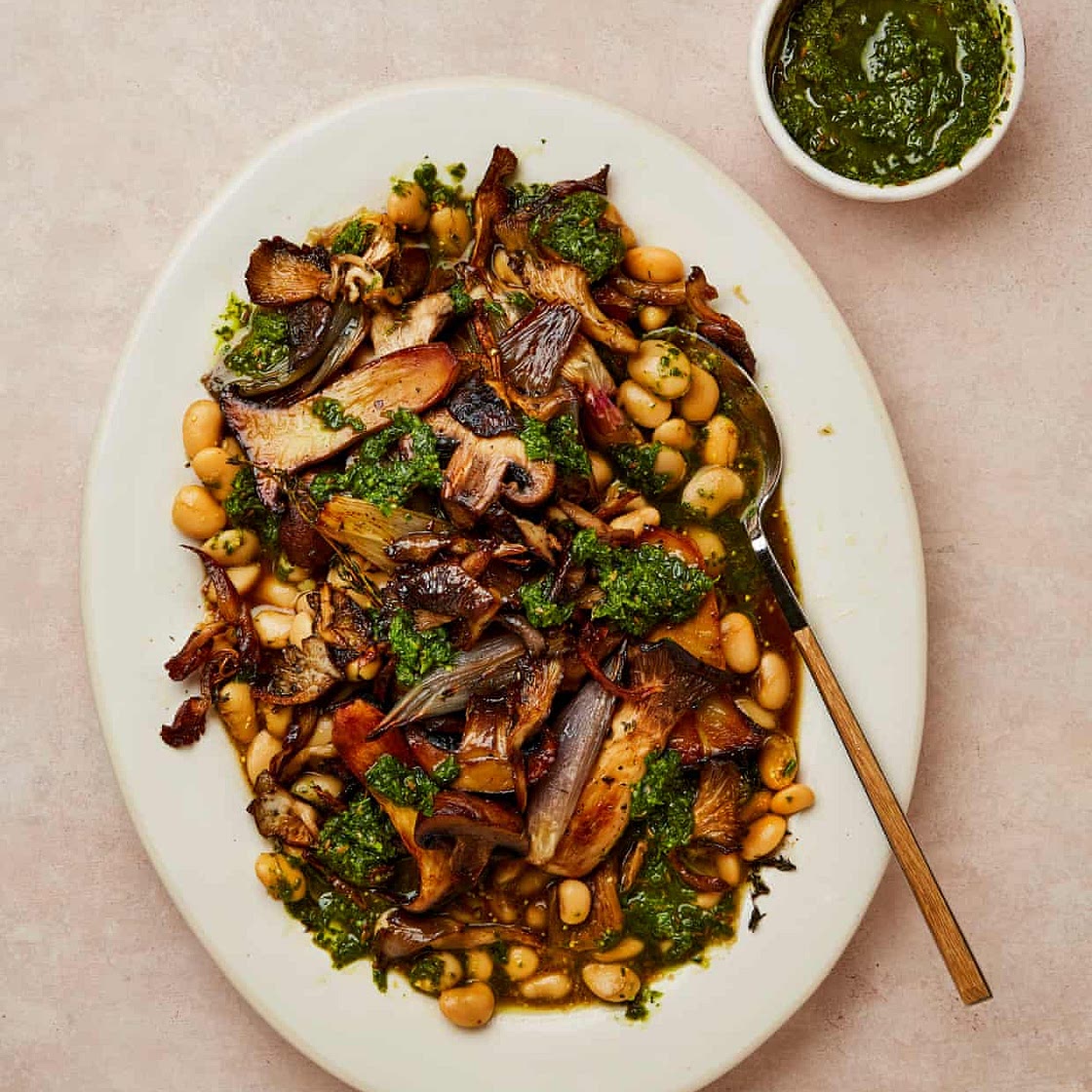 Brothy beans with roast mushrooms and chive salsa