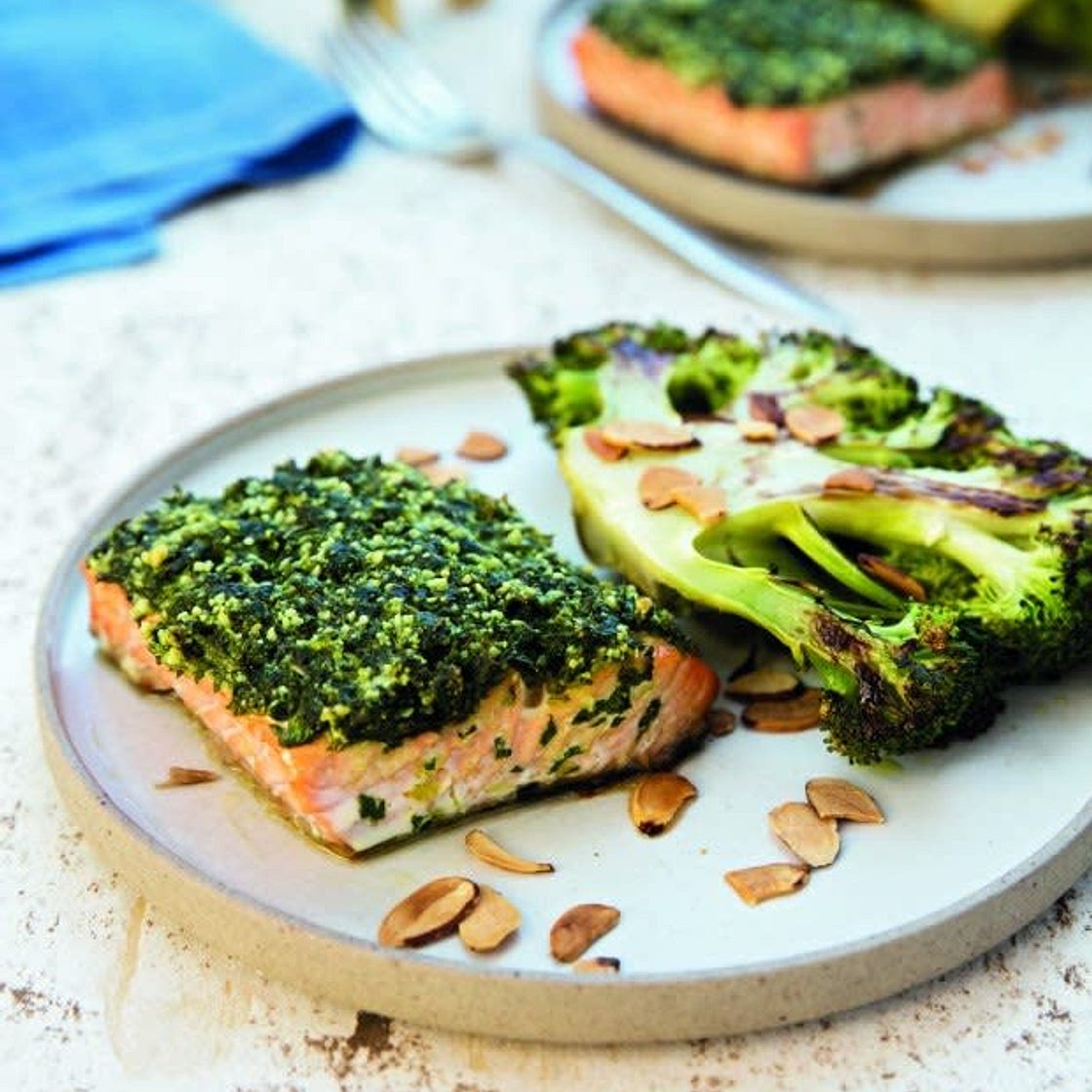 One-Pan Herb-Crusted Salmon with Roasted Broccoli Steaks
