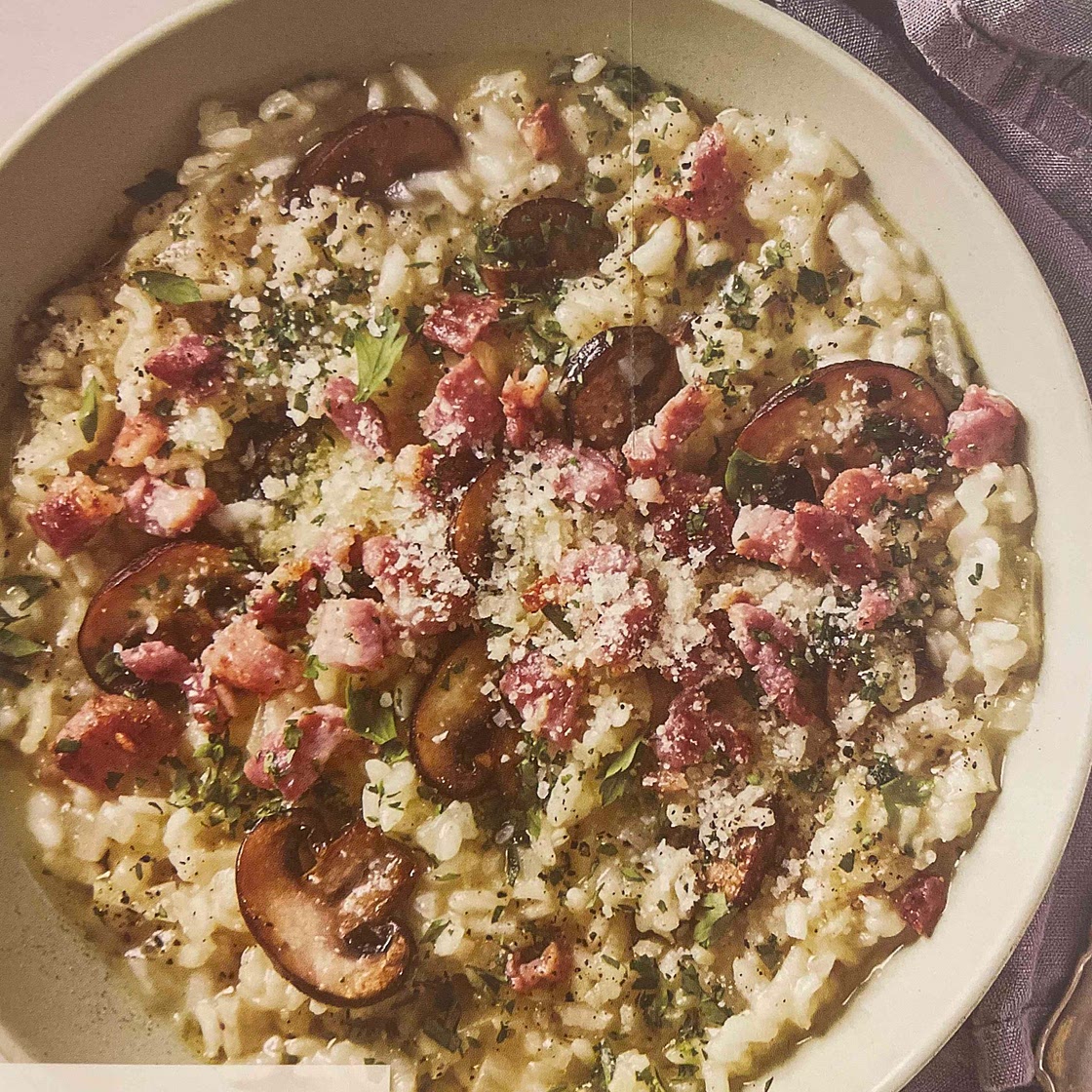 Easy Mushroom Risotto with Crispy Bacon