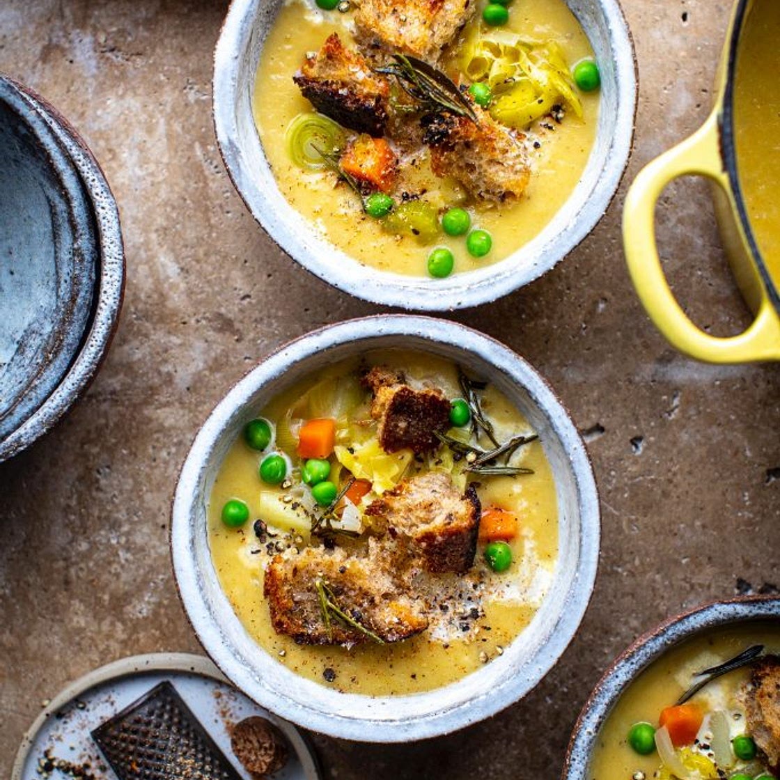 Irish Farmhouse Vegetable Soup with Rosemary Croutons