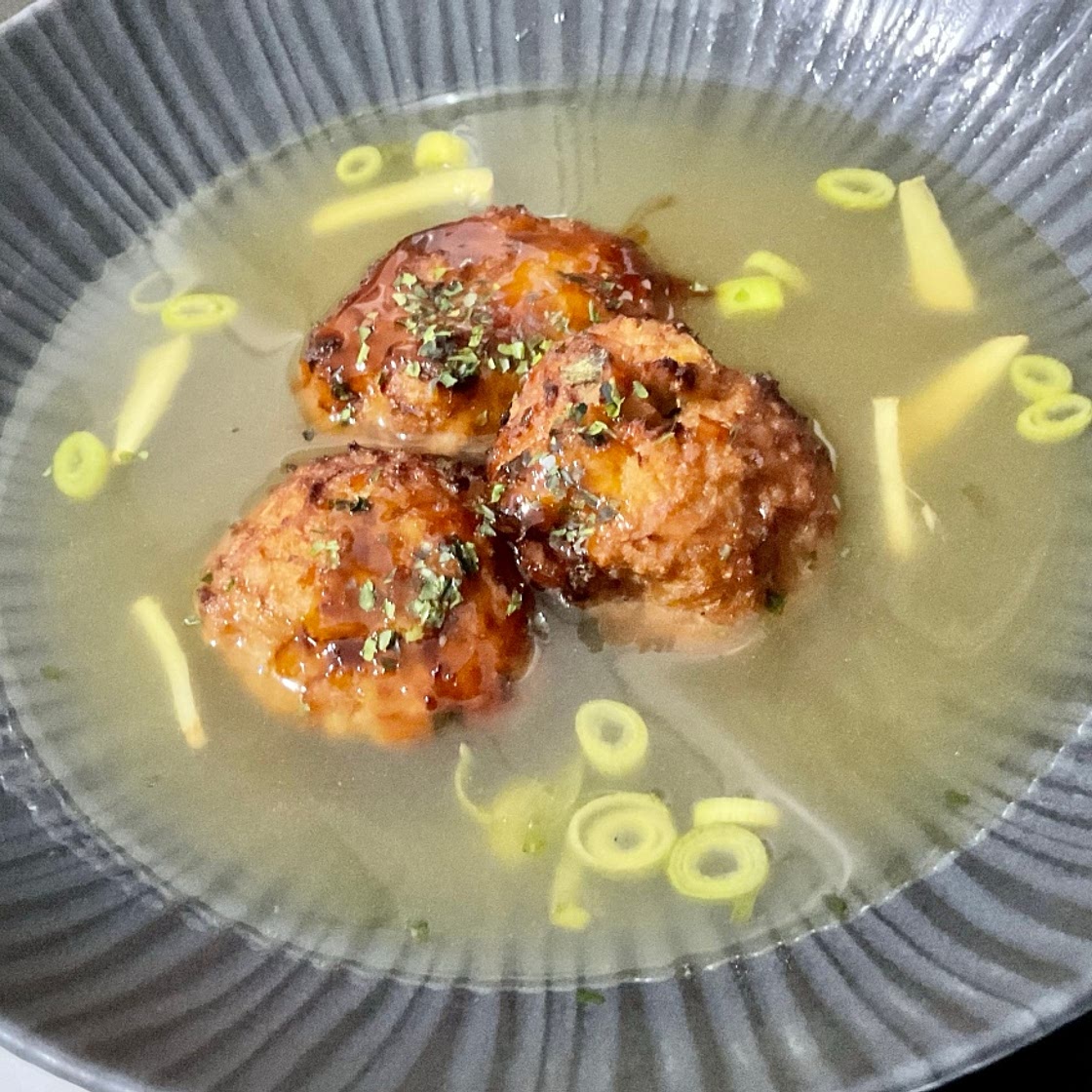 Miso Tuna Rice Balls in a Garlic, Ginger and Spring Onion Broth