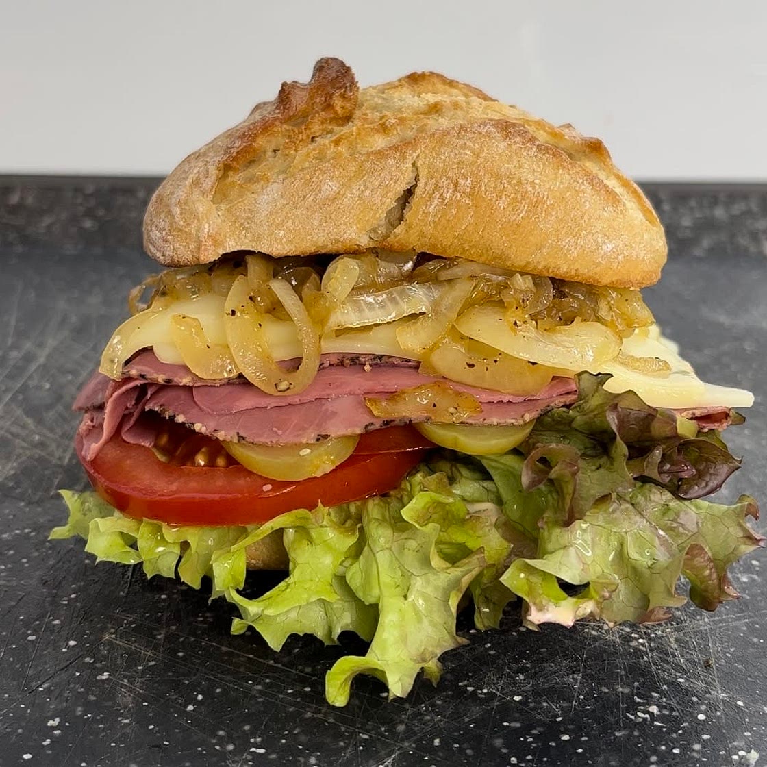 Juicy pastrami sandwich
