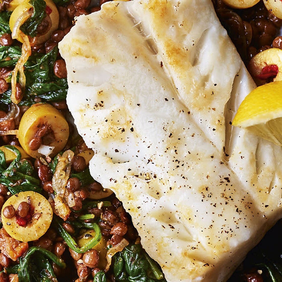 Cod with Olives, Spinach & Lentils