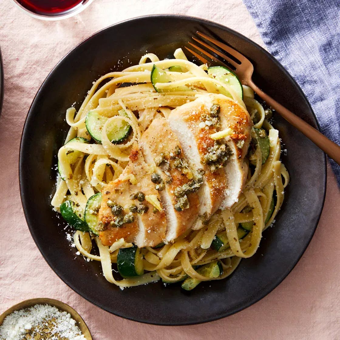 Garlic-Caper Chicken with Fettuccine & Zucchini