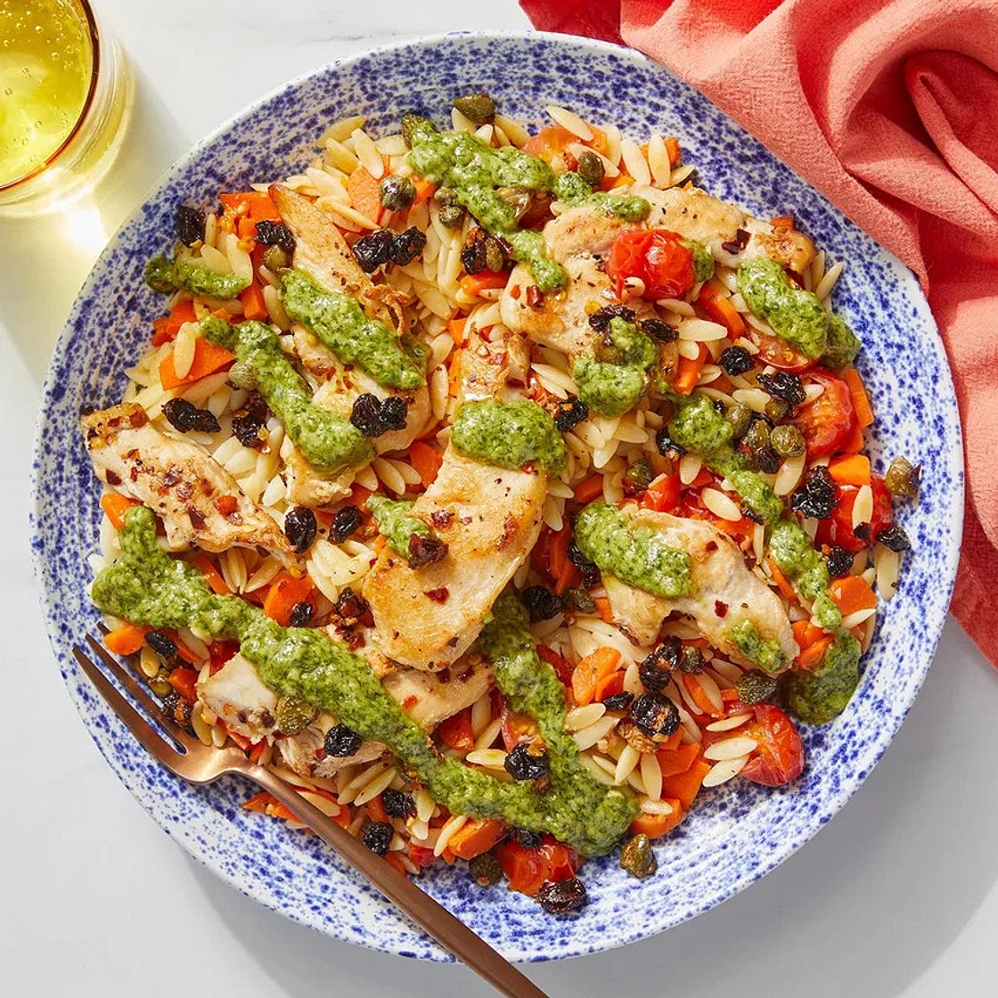 Creamy Pesto Chicken & Orzo with Capers & Currants