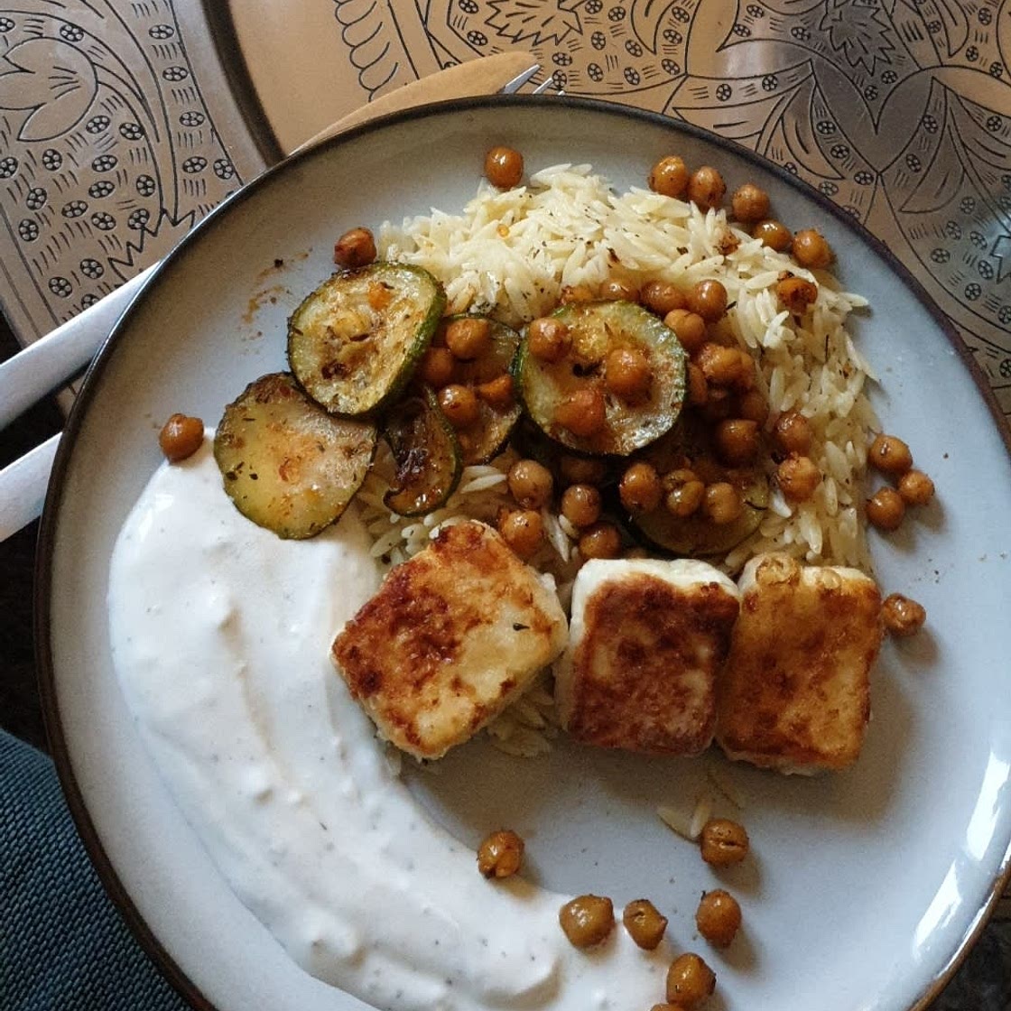 Crispy Lemon Feta with Spiced Chickpeas and Basil Orzo