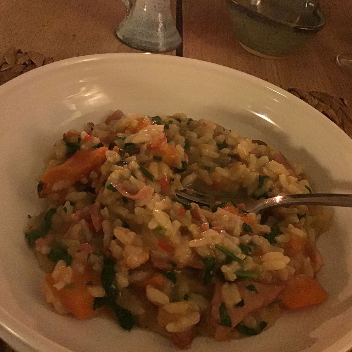 Butternut squash risotto with bacon and Parmesan