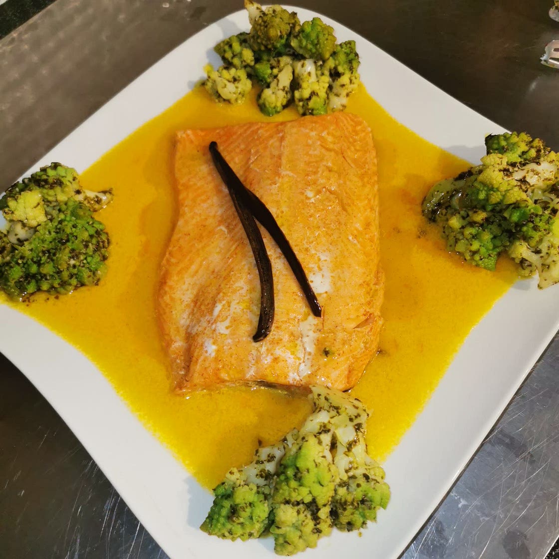 Fish with vanilla confit, mandarin butter, courgette spaghetti - my recipe work in progress