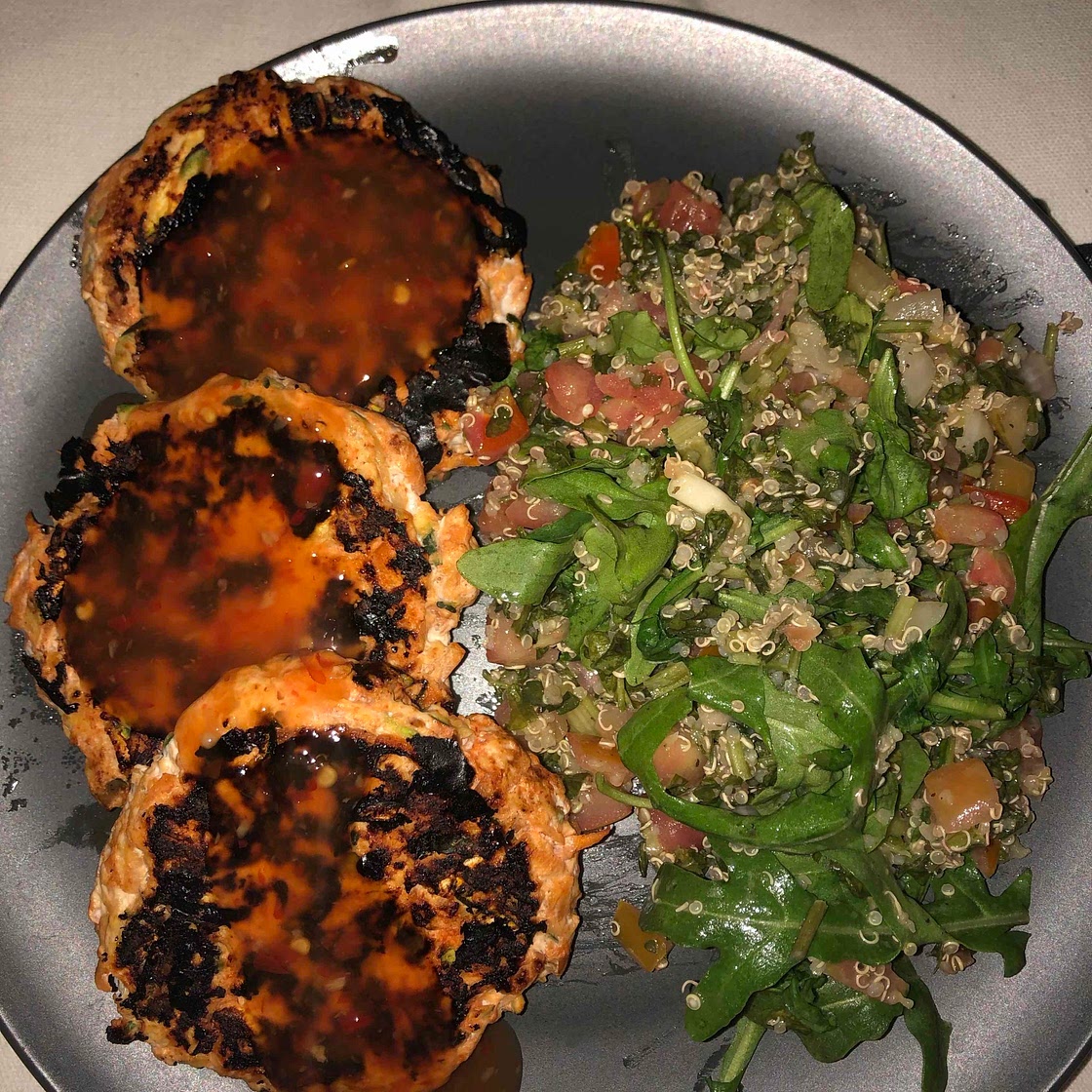 Red curry Chicken rissoles with tabouleh salad 