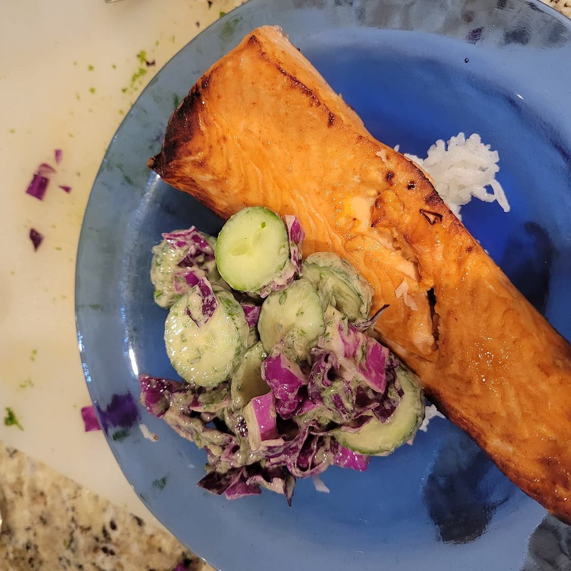 Crunchy Brown Rice Bowls with Salmon and Herbed Tahini