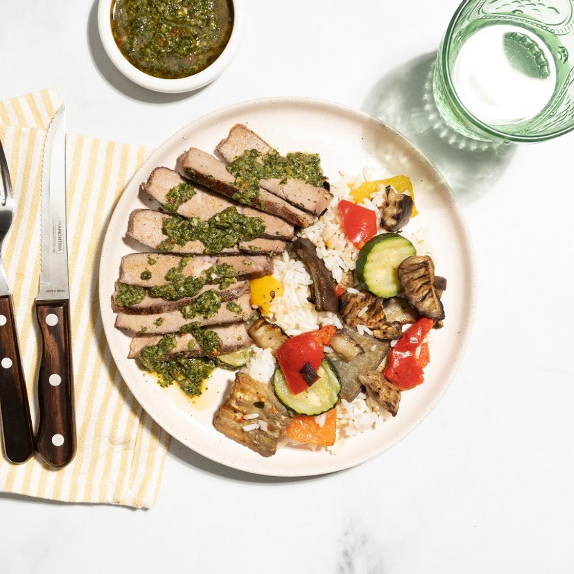 Steak with Chimichurri Sauce and Grilled Vegetables over White Rice