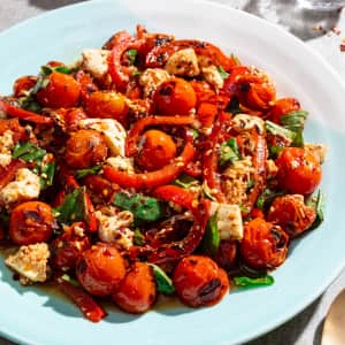 Charred Cherry Tomatoes with Bell Peppers and Mozzarella