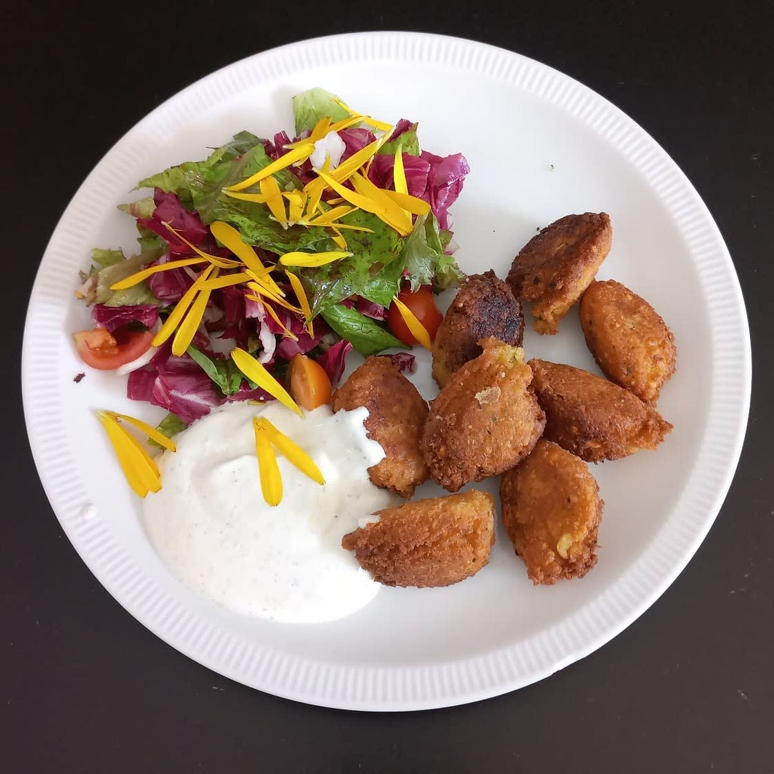 Falafel mit saisonalem Salat griechische Joghurtsauce