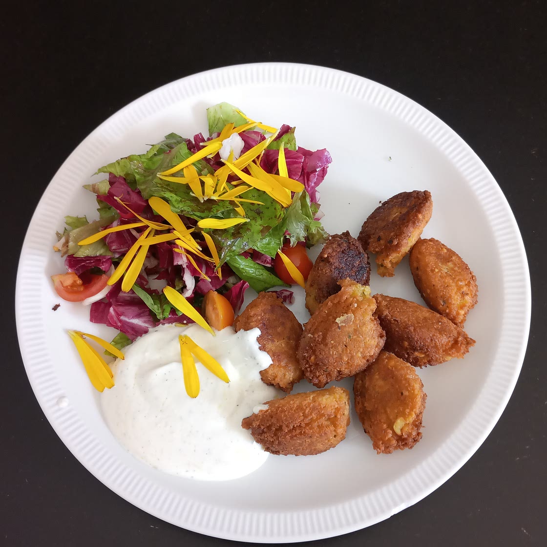 Falafel mit saisonalem Salat griechische Joghurtsauce