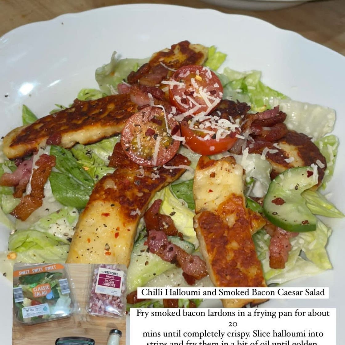 Chilli halloumi and smoked bacon caesar salad