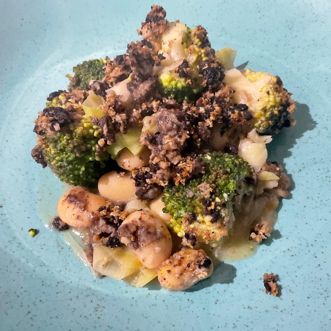 Broccoli and Butter Bean Bake with a Black Pudding Crumb
