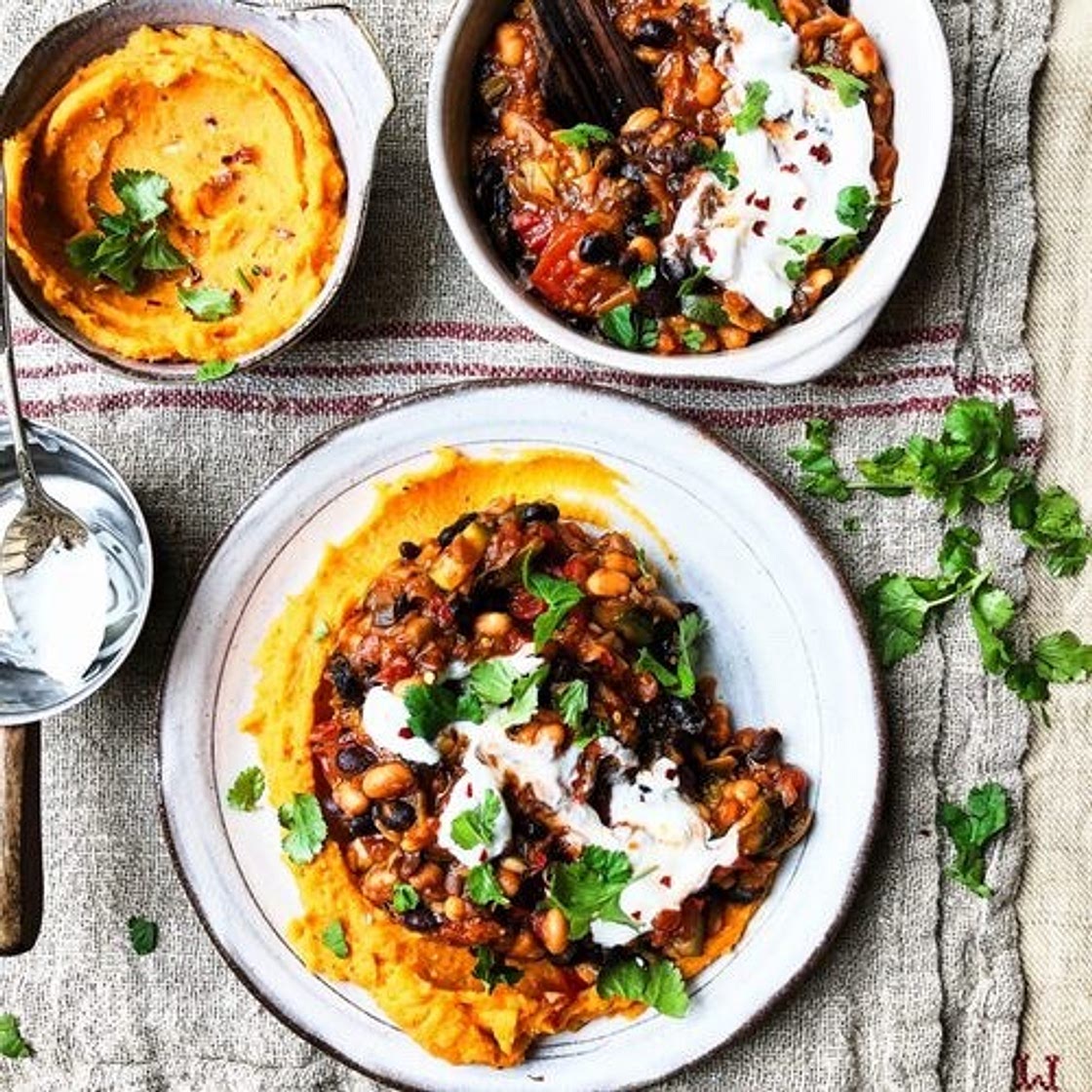 Easy Black Beans with ‘Cheesy’ Sweet Potato Mash