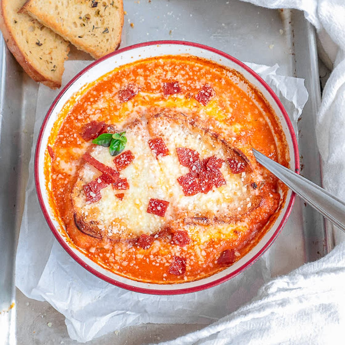 Cheesy Creamy Tomato Soup with Crispy Pepperonis