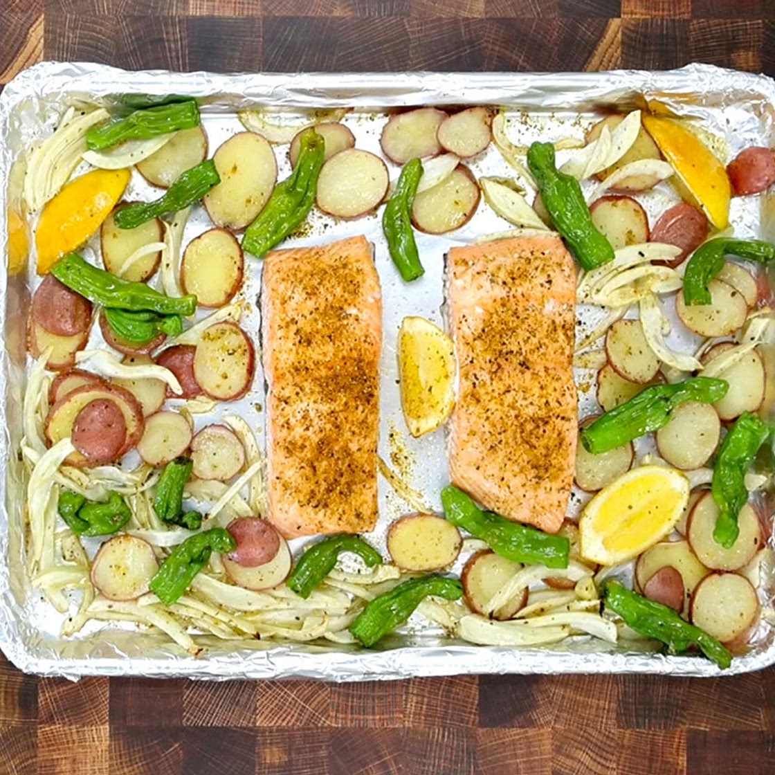 Citrusy Salmon & Shishitos Sheet Pan