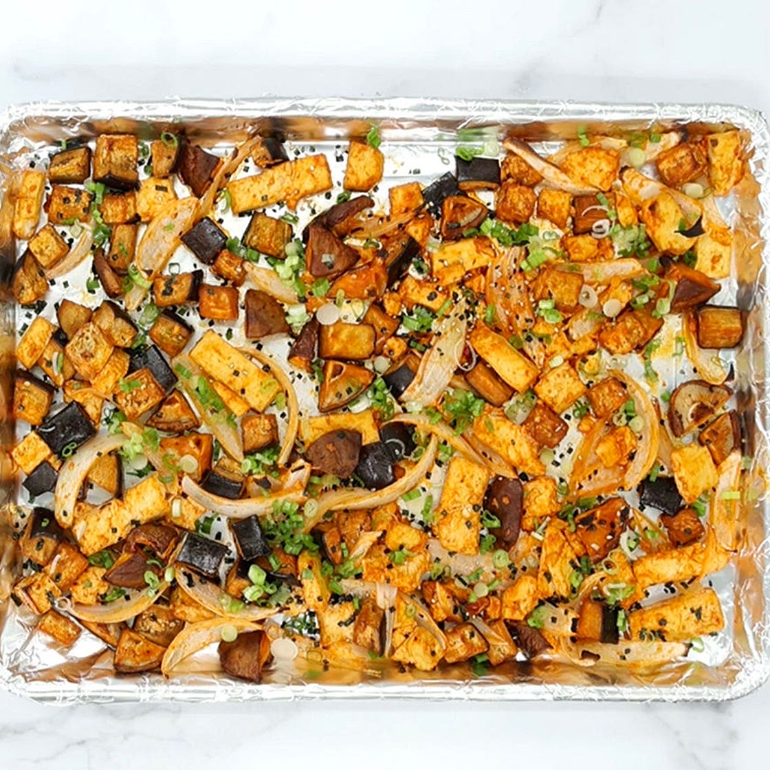 Delightfully Fiery Tofu Sheet Pan
