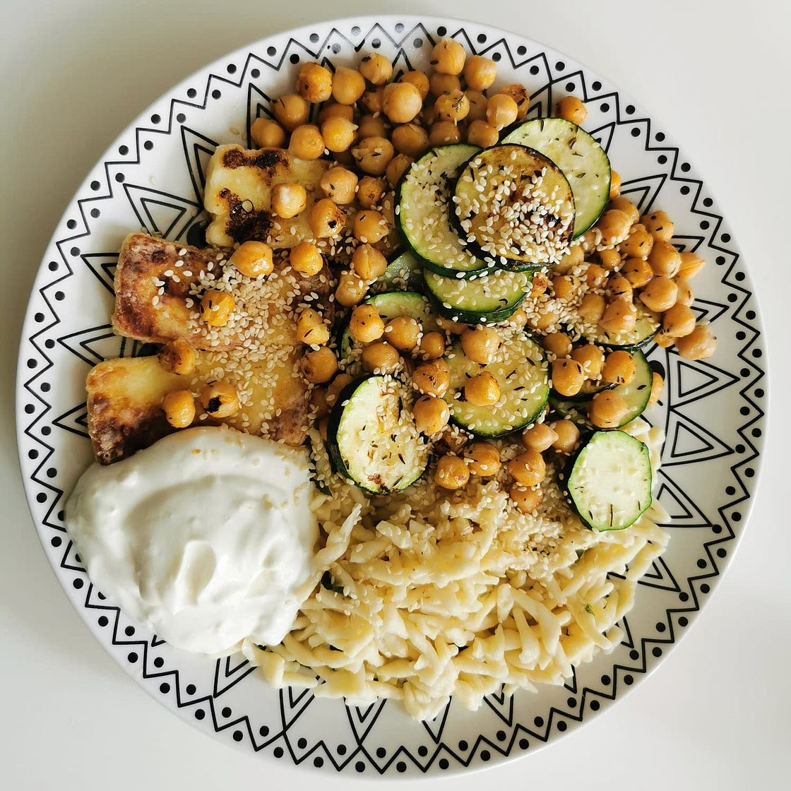 Crispy Lemon Feta with Spiced Chickpeas and Basil Orzo