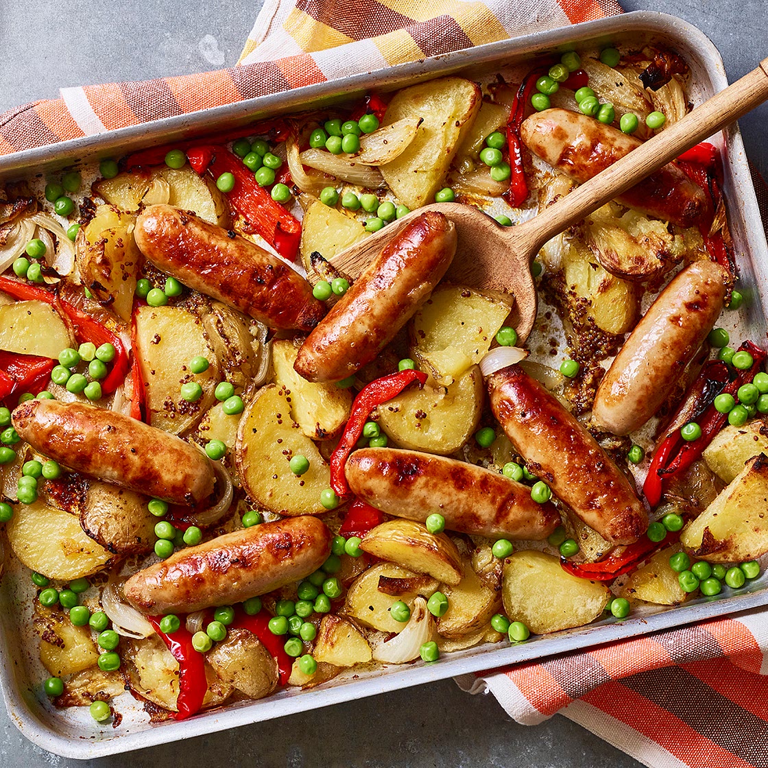 Sticky sausage and potato traybake
