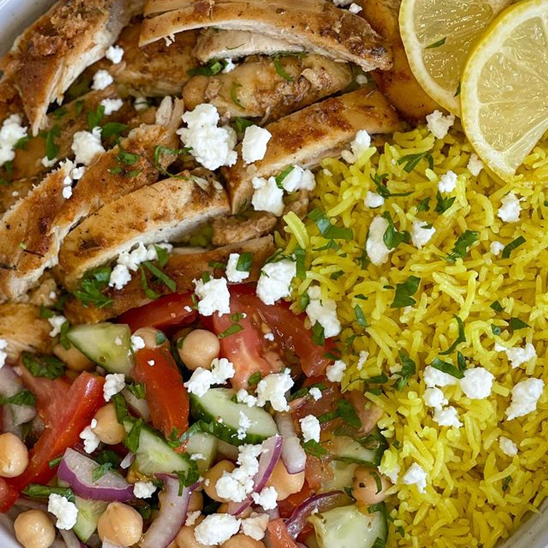 Mediterranean chicken and rice bowl