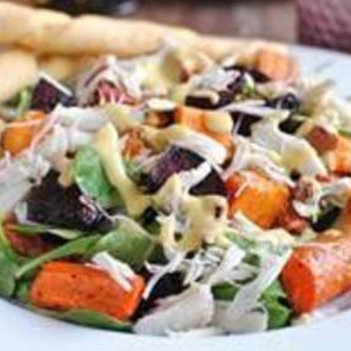 Roasted Vegetable and Crab Salad with Breadsticks