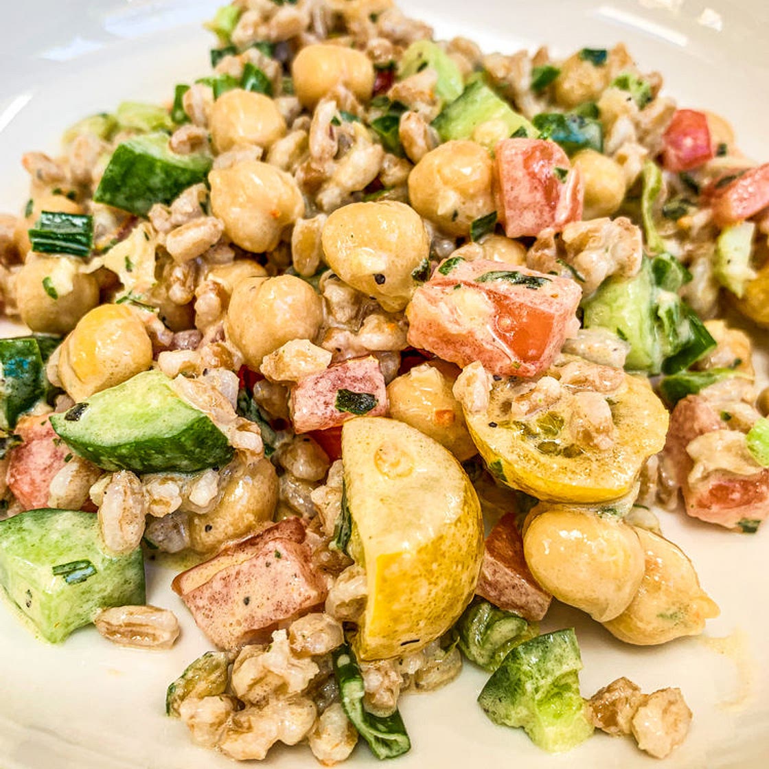 FARRO SALAD WITH BASIL TAHINI DRESSING