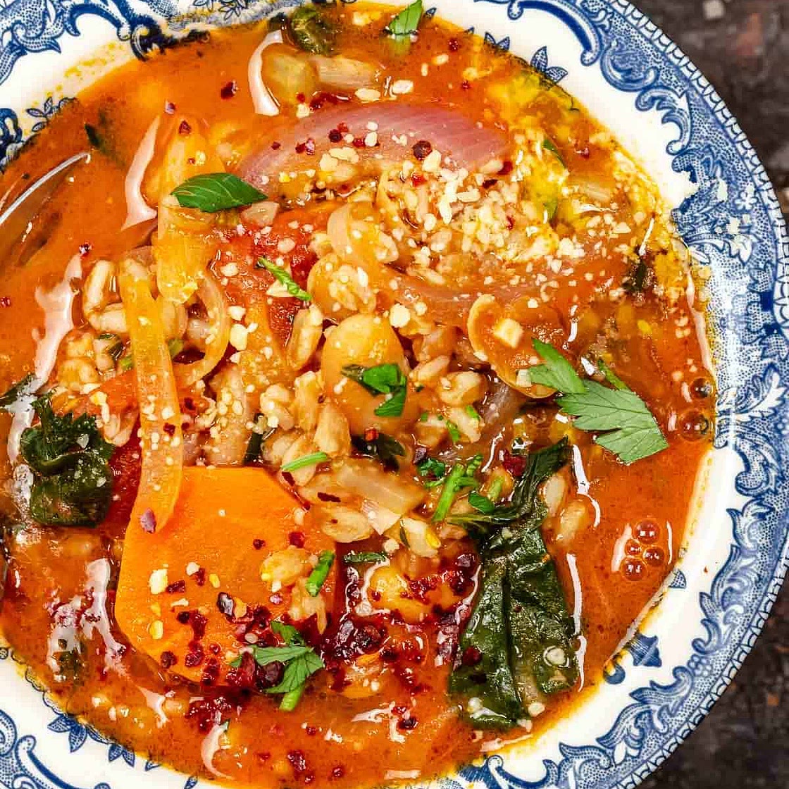 Tuscan Farro Soup with White Beans and Vegetables