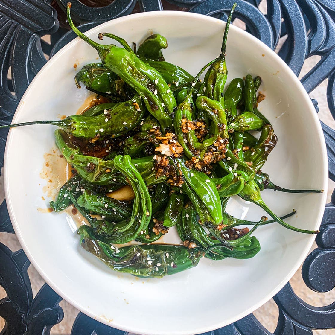ROASTED SHISHITO PEPPERS WITH A GARLIC SOY SAUCE
