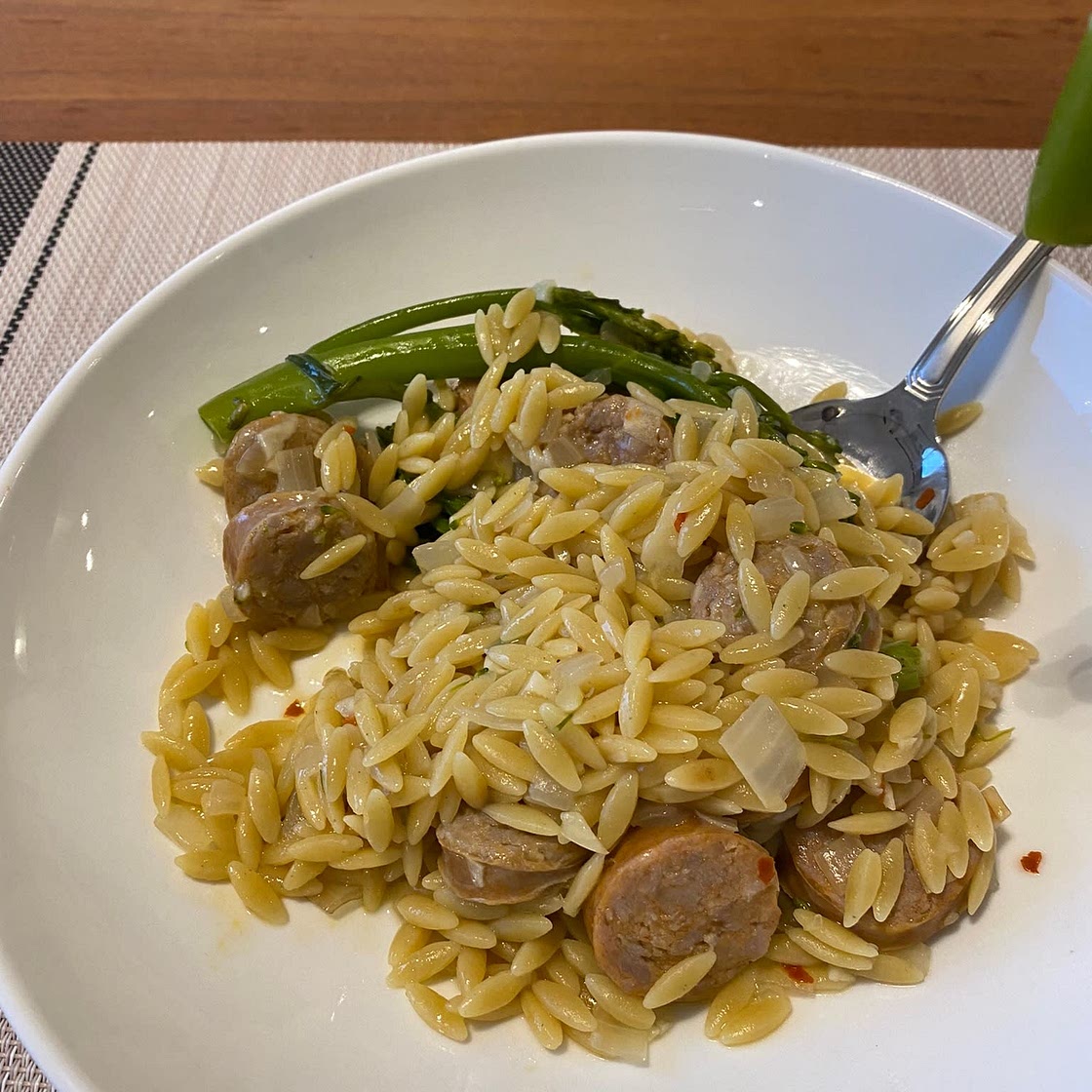 Broccolini, Chicken Sausage & Orzo Skillet