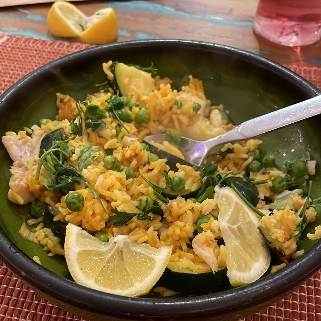 Smoked paprika paella with cod & peas