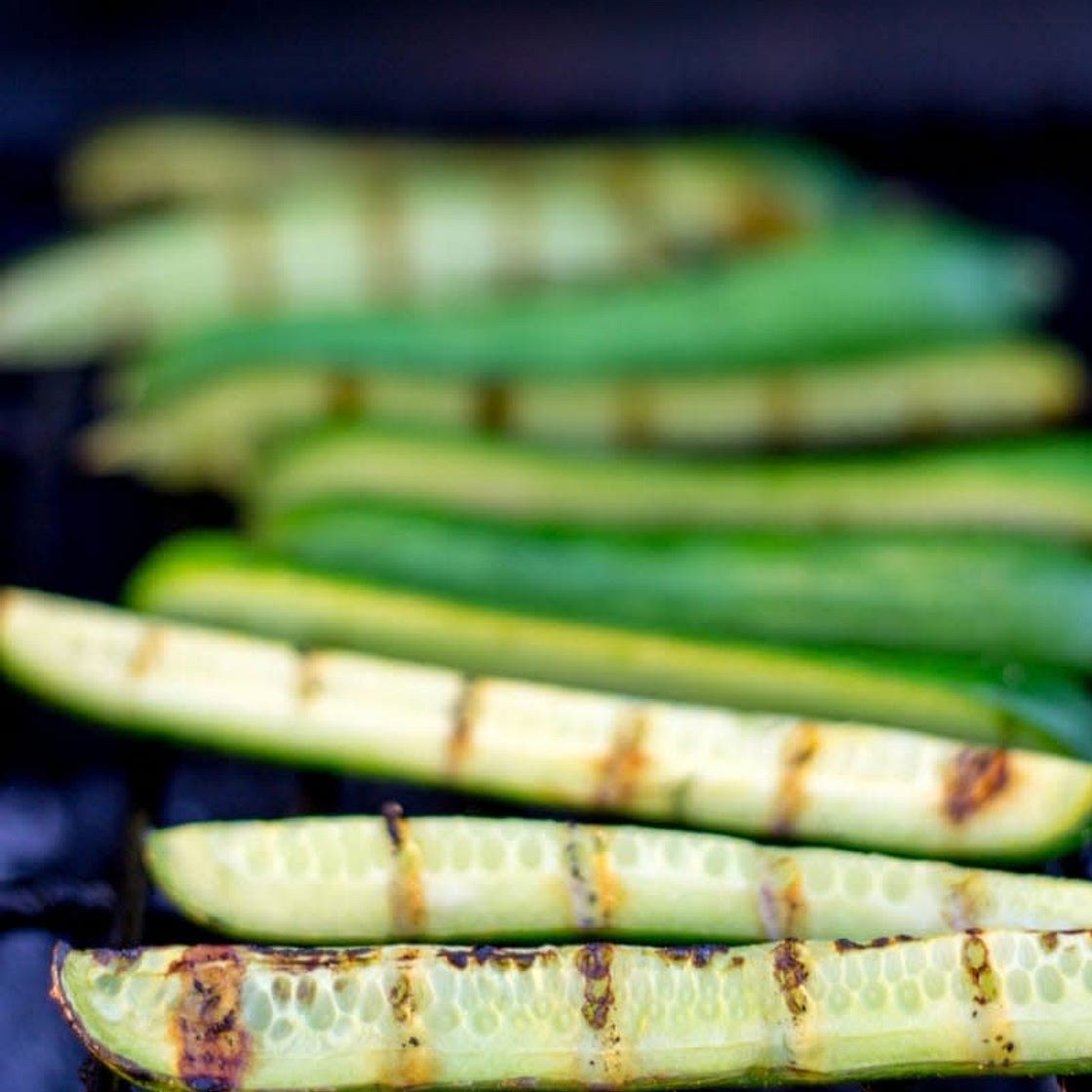 Grilled Cucumbers with Creamy Pickled Feta Dip