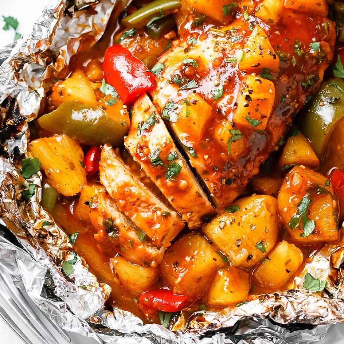 Pineapple BBQ Baked Chicken Foil Packets in Oven