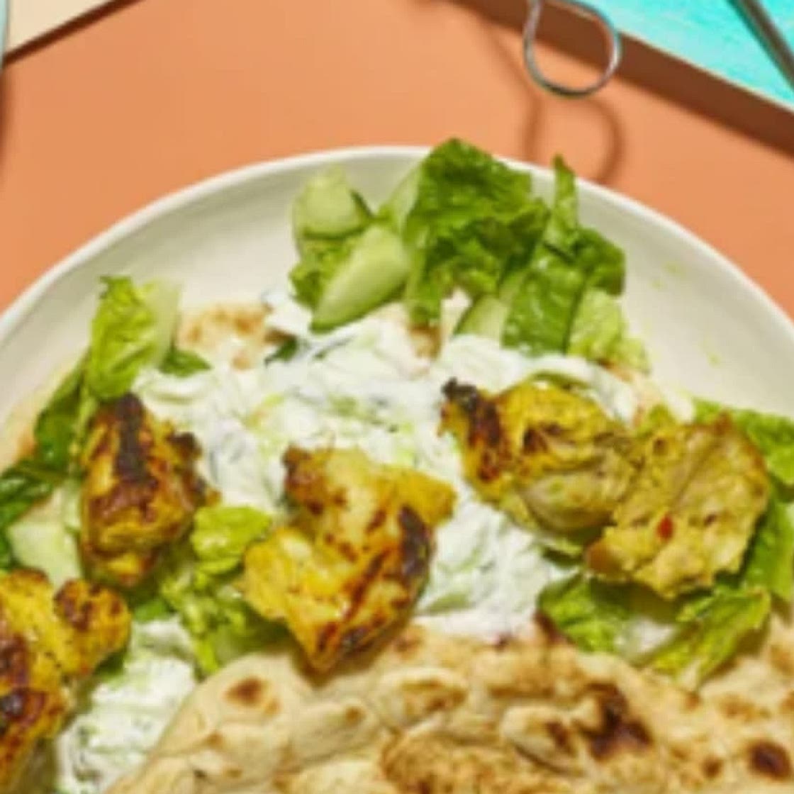 Spiced chicken kebabs with chopped salad & flatbreads